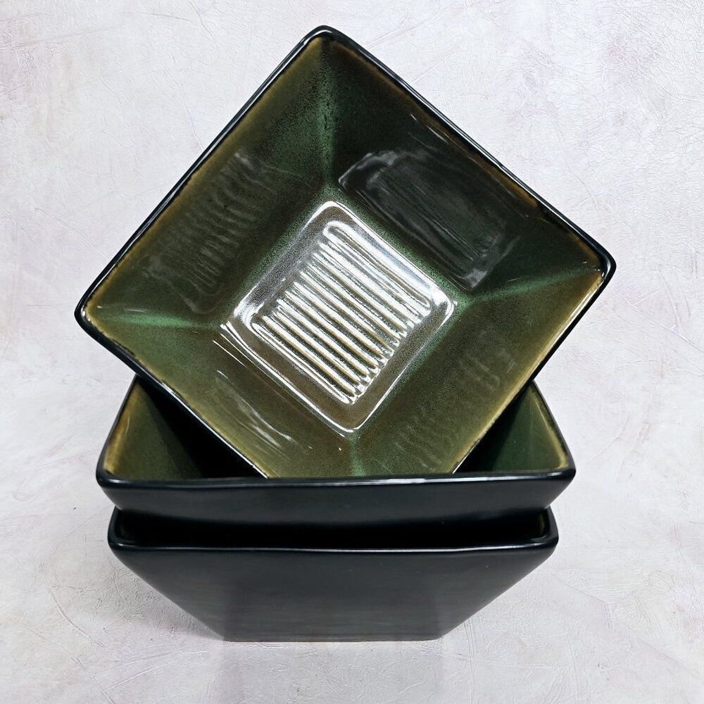 3 - Baum Brothers 6" Square Parallel Green Soup Cereal Bowls